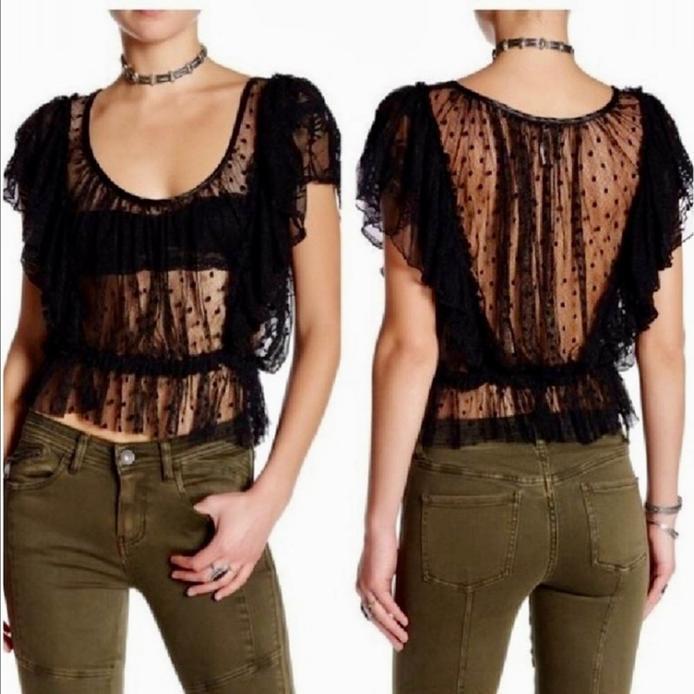 HP💖08/31💖SHEER BLACK EMBROIDERED  POLKA DOT TOP